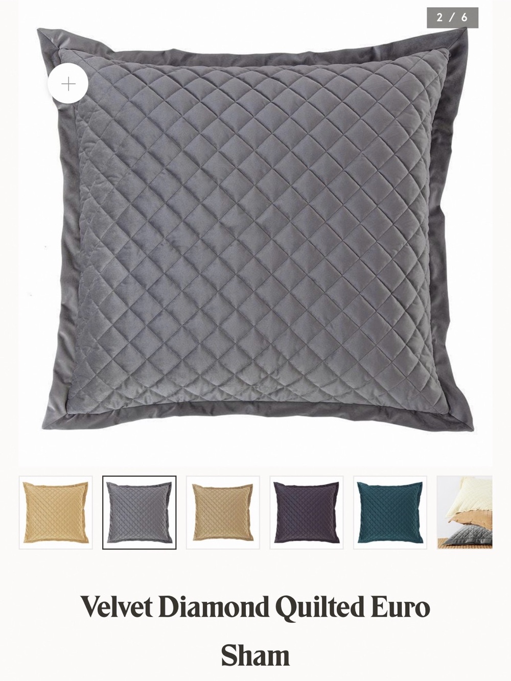 HiEnd Accents luxury Gray Velvet Diamond Quilted Euro Sham, 27x27 inches